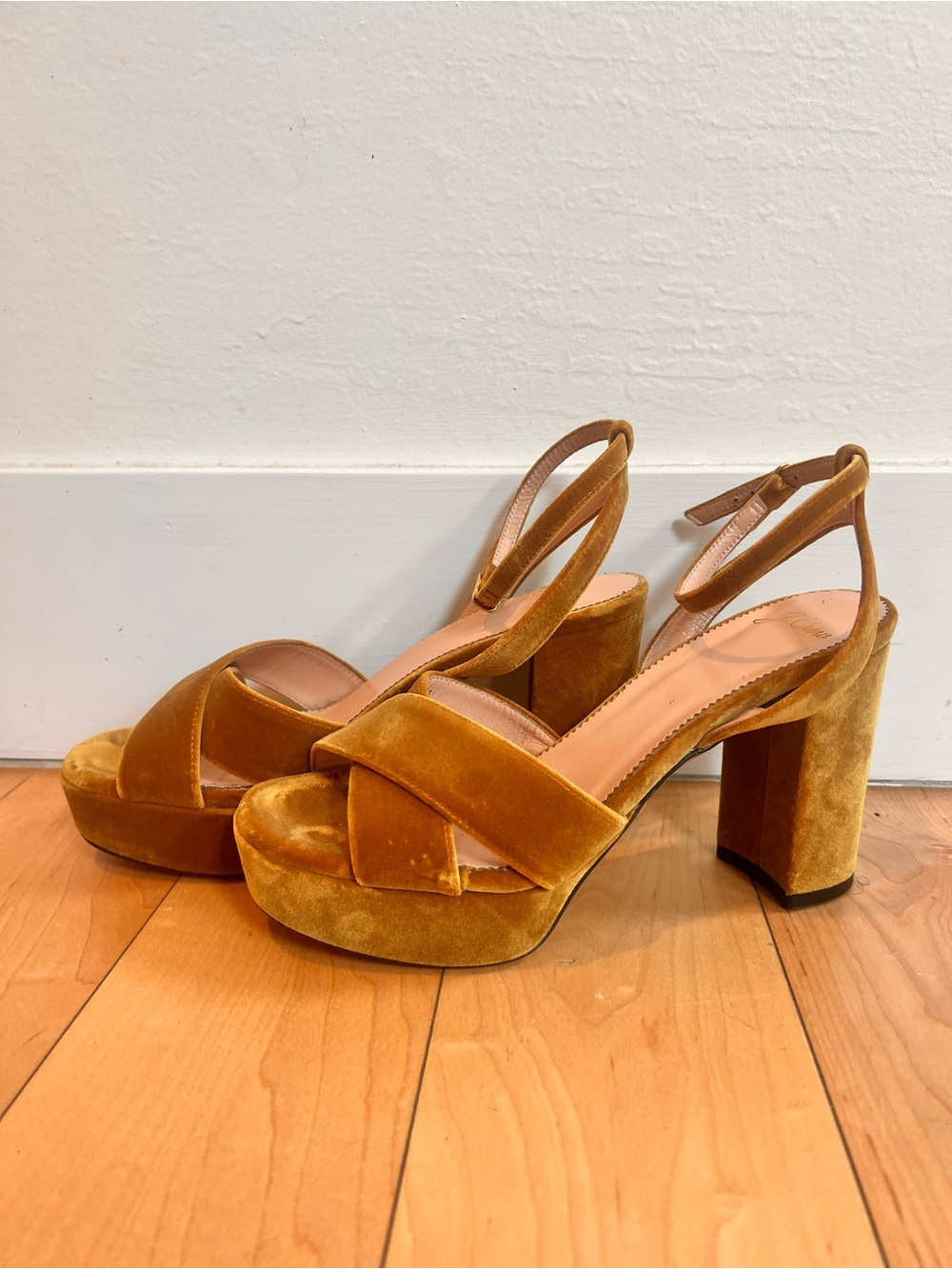 J. Crew Velvet Platform Sandals in Mustard Gold
